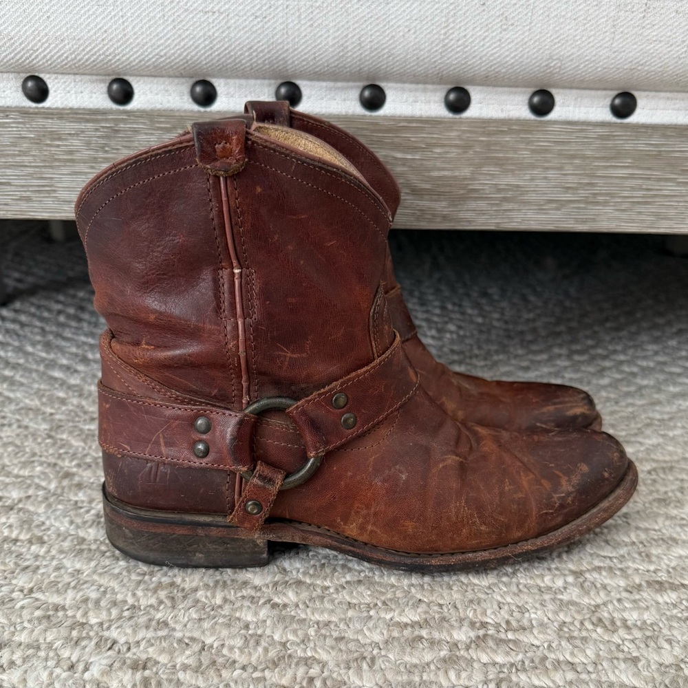 Frye Brown Leather Harness Ankle Boots